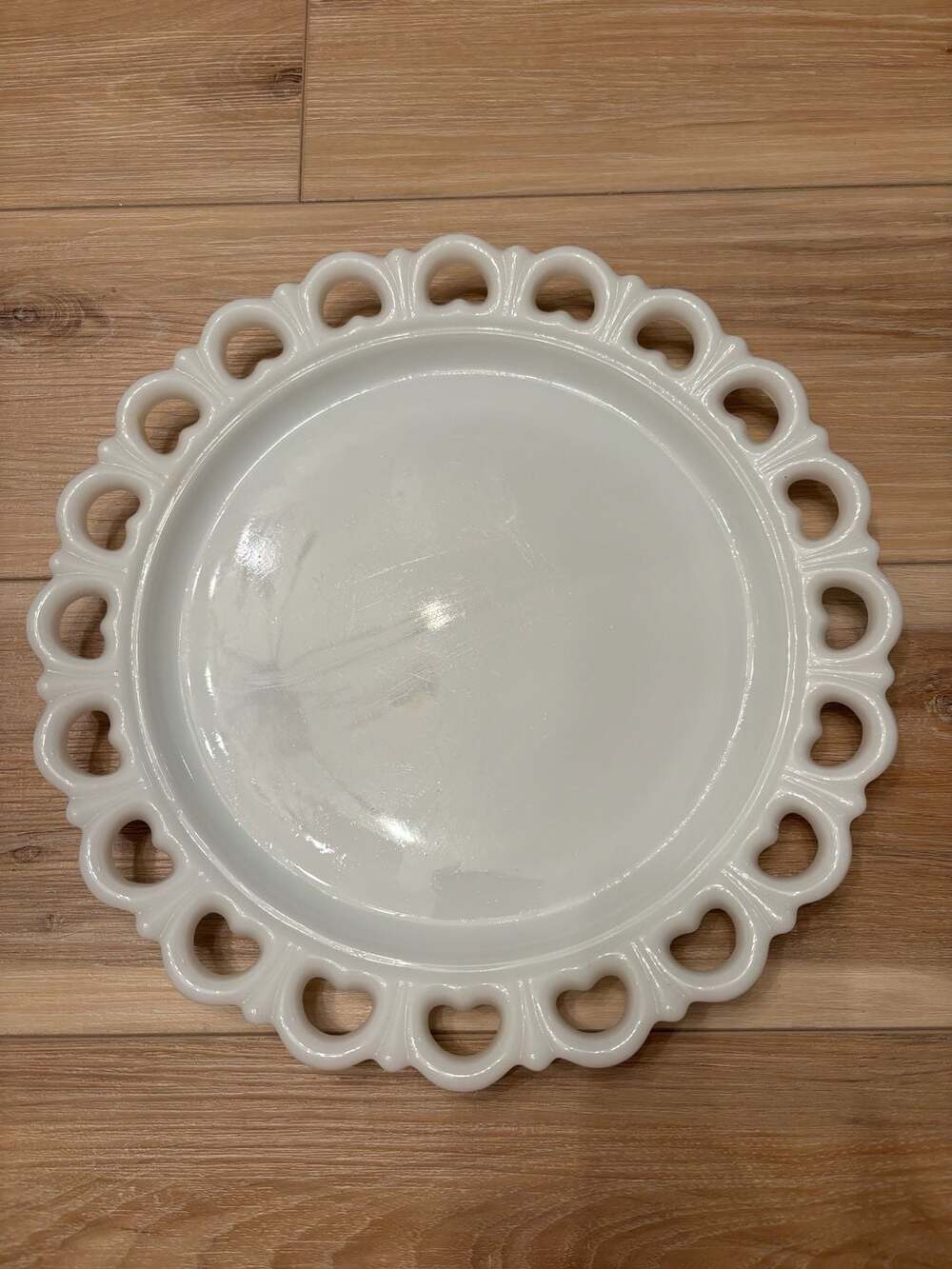 Vintage Milk Glass Open Lace Heart Edge Serving Plate